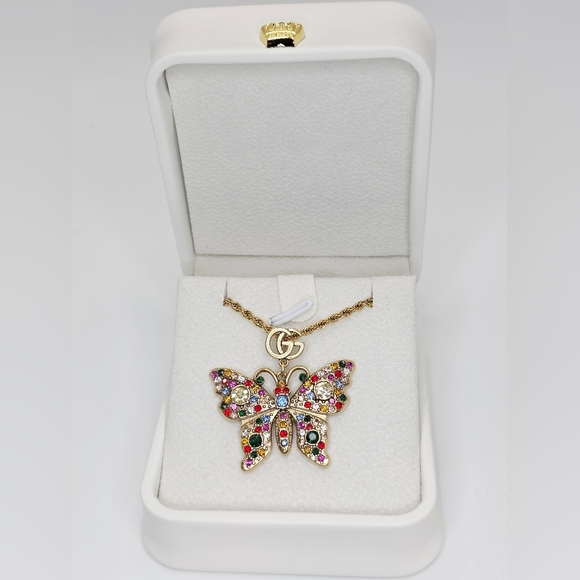 GUCCI Butterfly Pendant Necklace with Multicolor Crystals - Picture 2 of 7